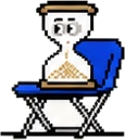 A pixel character waiting with an hourglass